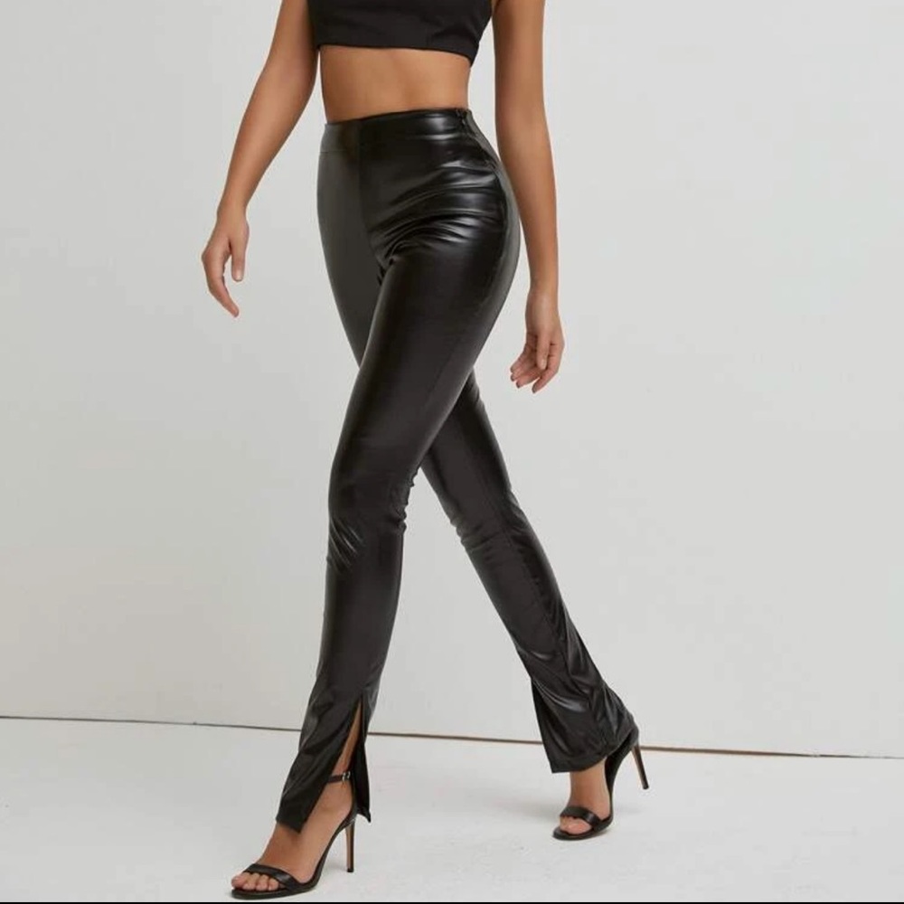 Black Leather ankle slit pants